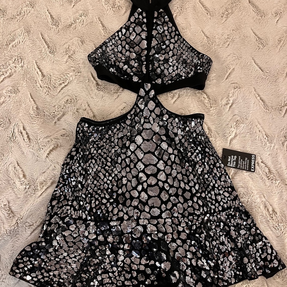 Express NWT Halter Cut out Sequin Mini Dress S Steampunk Whimsigoth Halloween - Picture 5 of 8
